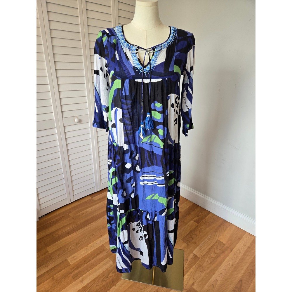 Abstract Multicolor Print Cotton Boho Maxi Dress S/M Beaded Tassel Resort Cruise